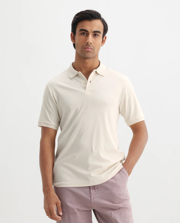 Rare Rabbit Men Row-1 Off White Cotton Fabric Short Sleeve Button Closure Regular Fit Solid Polo T-Shirt