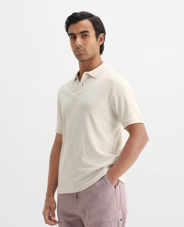 Rare Rabbit Men Row-1 Off White Cotton Fabric Short Sleeve Button Closure Regular Fit Solid Polo T-Shirt