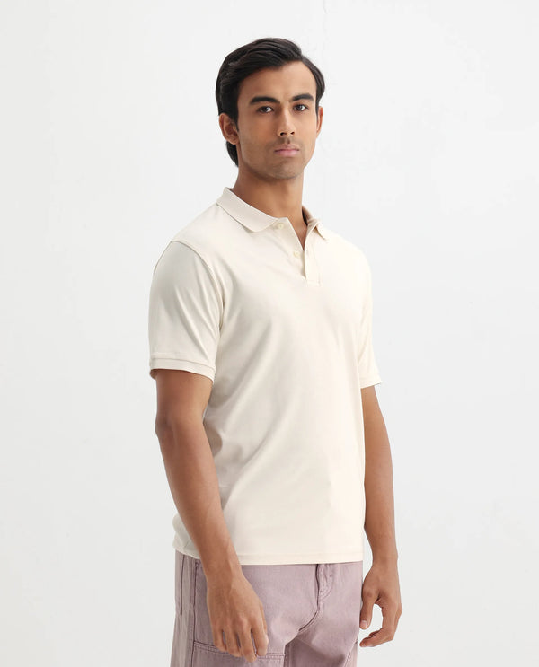 Rare Rabbit Men Row-1 Off White Cotton Fabric Short Sleeve Button Closure Regular Fit Solid Polo T-Shirt