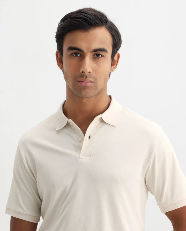 Rare Rabbit Men Row-1 Off White Cotton Fabric Short Sleeve Button Closure Regular Fit Solid Polo T-Shirt