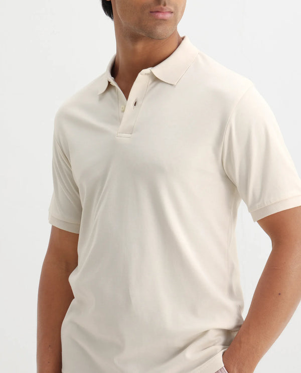 Rare Rabbit Men Row-1 Off White Cotton Fabric Short Sleeve Button Closure Regular Fit Solid Polo T-Shirt