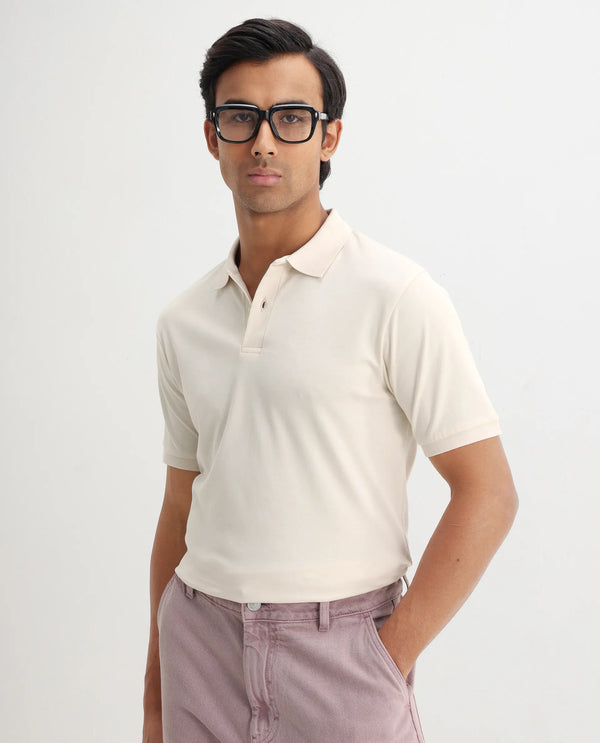 Rare Rabbit Men Row-1 Off White Cotton Fabric Short Sleeve Button Closure Regular Fit Solid Polo T-Shirt