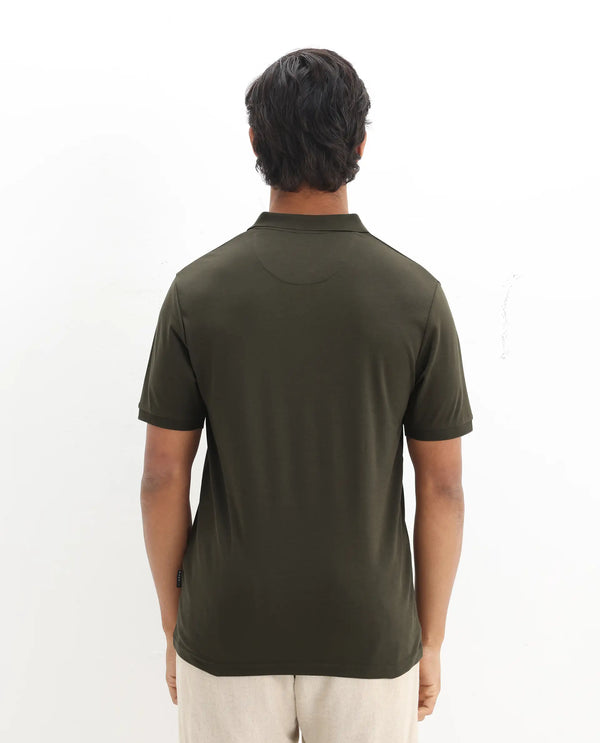 Rare Rabbit Men Row-1 Olive Cotton Fabric Short Sleeve Button Closure Regular Fit Solid Polo T-Shirt