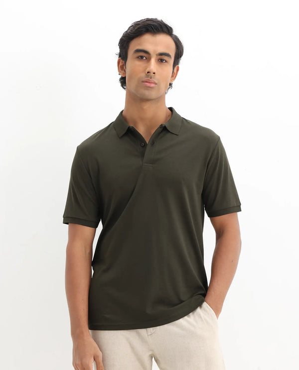 Rare Rabbit Men Row-1 Olive Cotton Fabric Short Sleeve Button Closure Regular Fit Solid Polo T-Shirt