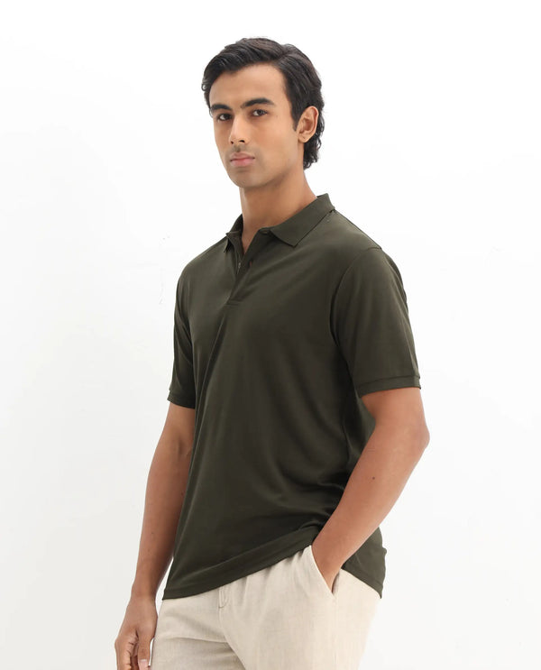 Rare Rabbit Men Row-1 Olive Cotton Fabric Short Sleeve Button Closure Regular Fit Solid Polo T-Shirt