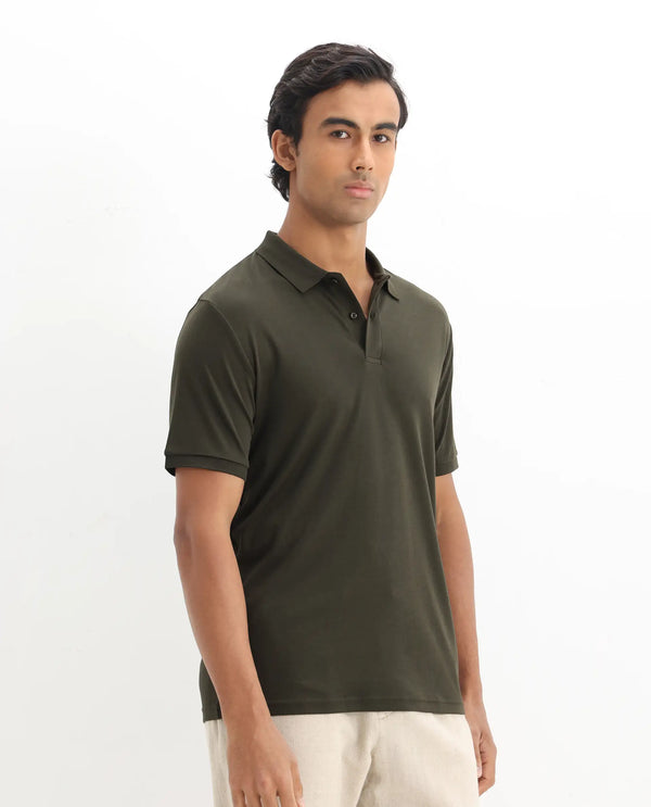 Rare Rabbit Men Row-1 Olive Cotton Fabric Short Sleeve Button Closure Regular Fit Solid Polo T-Shirt