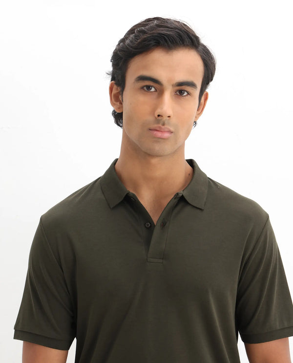 Rare Rabbit Men Row-1 Olive Cotton Fabric Short Sleeve Button Closure Regular Fit Solid Polo T-Shirt