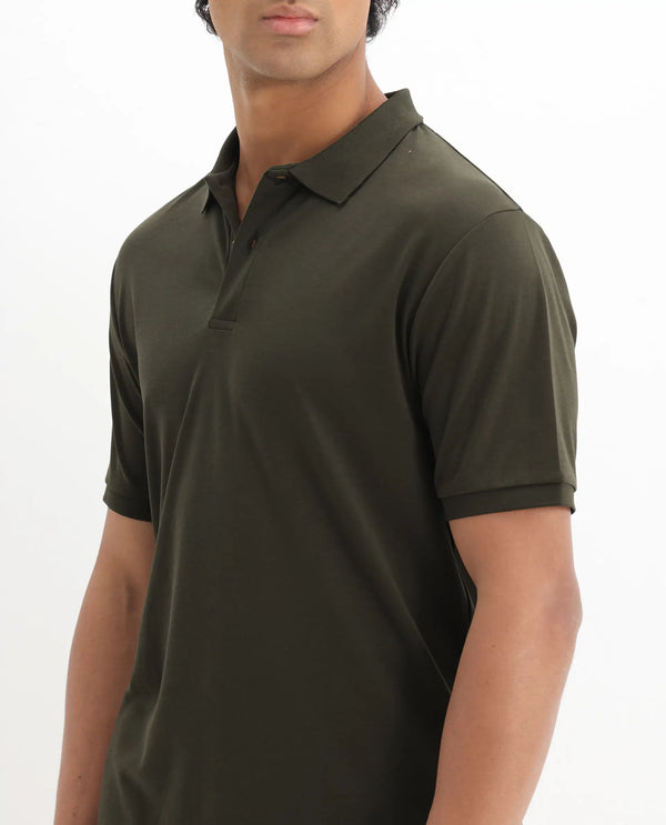 Rare Rabbit Men Row-1 Olive Cotton Fabric Short Sleeve Button Closure Regular Fit Solid Polo T-Shirt