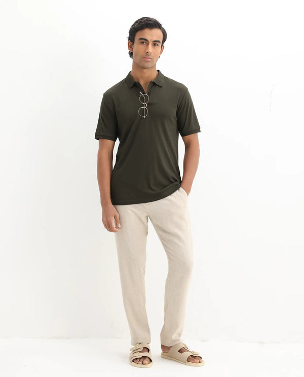 Rare Rabbit Men Row-1 Olive Cotton Fabric Short Sleeve Button Closure Regular Fit Solid Polo T-Shirt