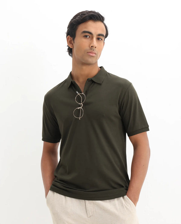 Rare Rabbit Men Row-1 Olive Cotton Fabric Short Sleeve Button Closure Regular Fit Solid Polo T-Shirt