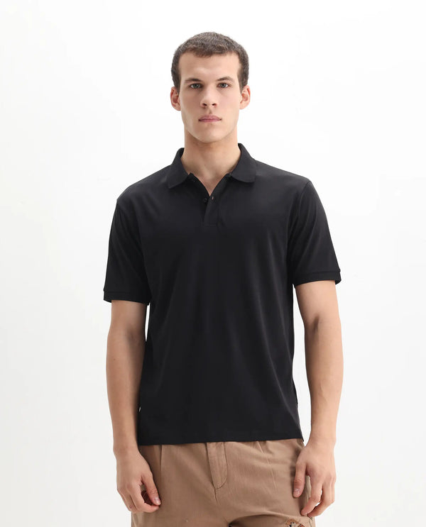Rare Rabbit Men Row-1 Black Cotton Fabric Short Sleeve Button Closure Regular Fit Solid Polo T-Shirt