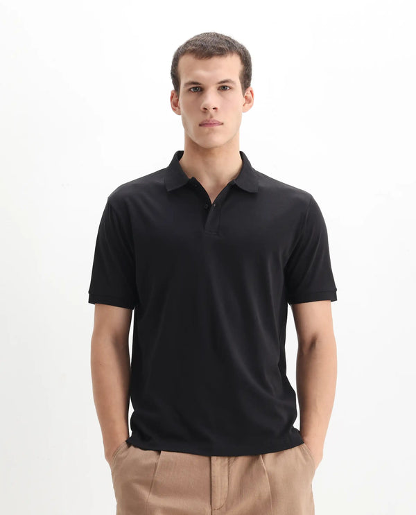 Rare Rabbit Men Row-1 Black Cotton Fabric Short Sleeve Button Closure Regular Fit Solid Polo T-Shirt