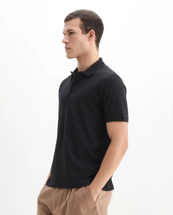 Rare Rabbit Men Row-1 Black Cotton Fabric Short Sleeve Button Closure Regular Fit Solid Polo T-Shirt
