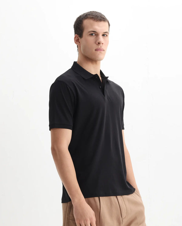 Rare Rabbit Men Row-1 Black Cotton Fabric Short Sleeve Button Closure Regular Fit Solid Polo T-Shirt