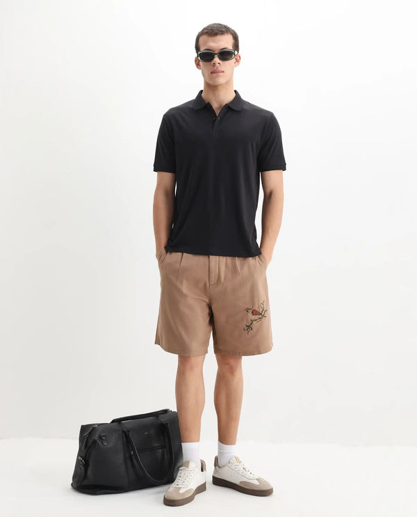 Rare Rabbit Men Row-1 Black Cotton Fabric Short Sleeve Button Closure Regular Fit Solid Polo T-Shirt