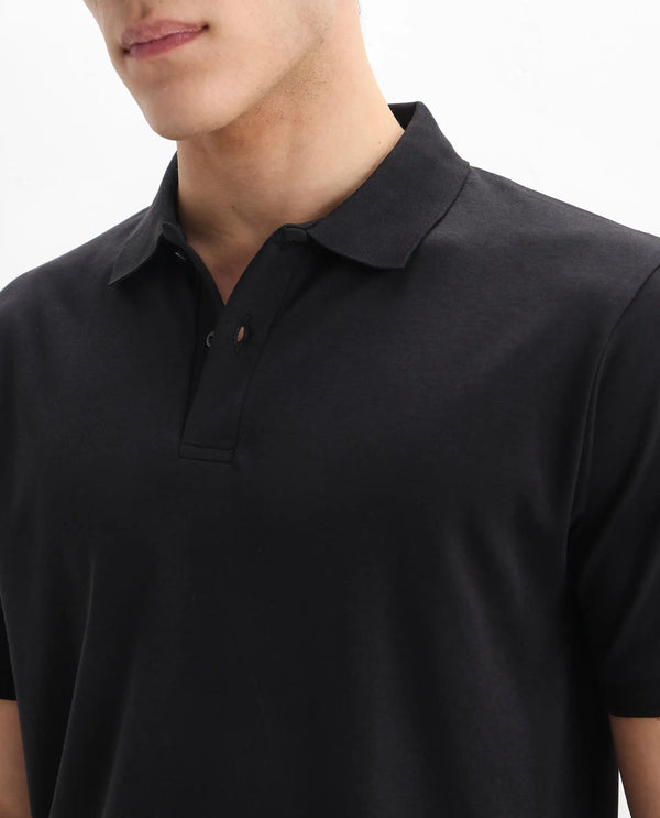 Rare Rabbit Men Row-1 Black Cotton Fabric Short Sleeve Button Closure Regular Fit Solid Polo T-Shirt