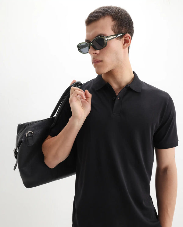 Rare Rabbit Men Row-1 Black Cotton Fabric Short Sleeve Button Closure Regular Fit Solid Polo T-Shirt