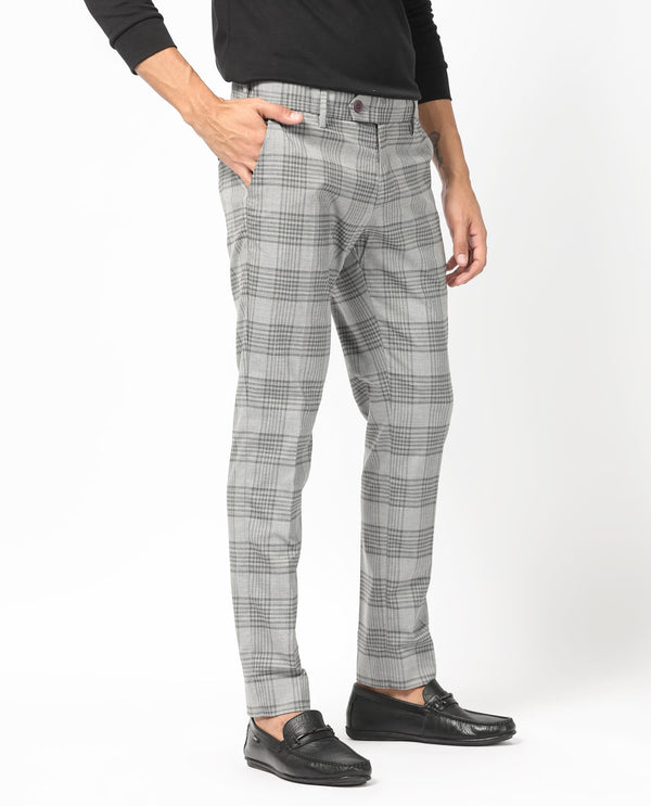Rare Rabbit Men's Rowe Grey Mid-Rise Regular Fit Checks Trouser