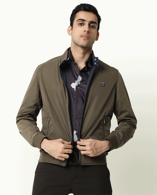 Rare Rabbit Men's Royban Olive Classic Mandarin Collar Bomber Jacket