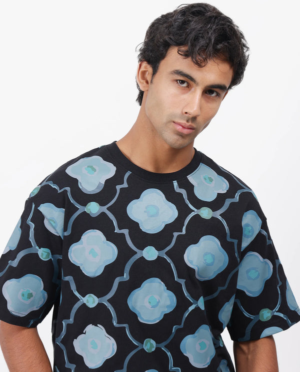 Rare Rabbit Men Evino Black Cotton Fabric Short Sleeve Slip-On Oversized Fit Graphic Print T-Shirt