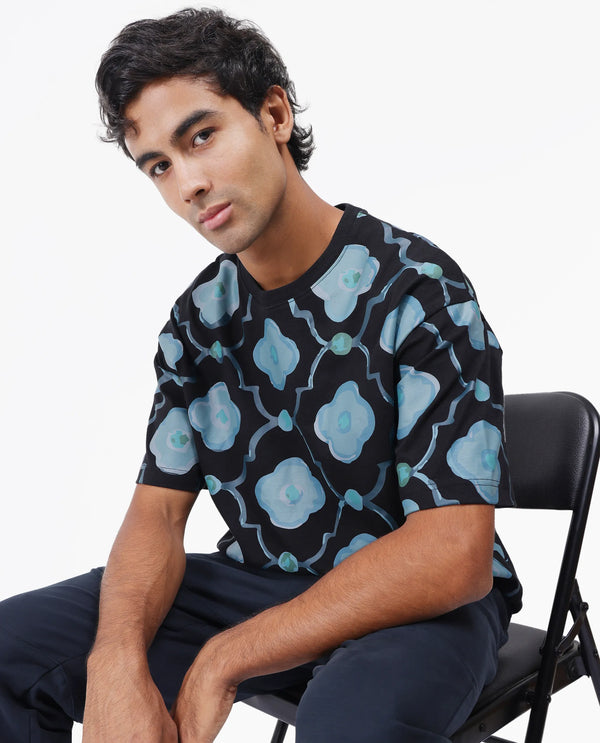 Rare Rabbit Men Evino Black Cotton Fabric Short Sleeve Slip-On Oversized Fit Graphic Print T-Shirt