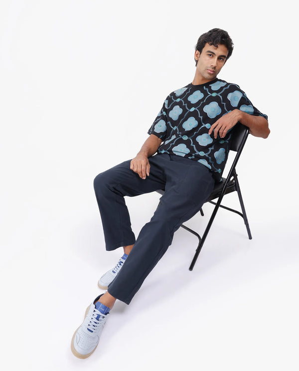 Rare Rabbit Men Evino Black Cotton Fabric Short Sleeve Slip-On Oversized Fit Graphic Print T-Shirt