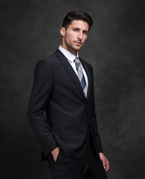 Rare Rabbit Men Arlo-B Black Wool Lapel Neck Button And Zip Closure Plain Suits