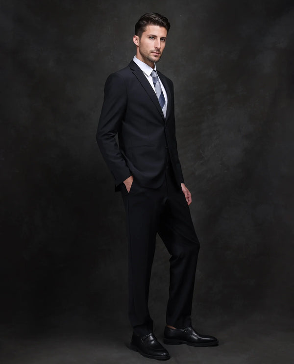 Rare Rabbit Men Arlo-B Black Wool Lapel Neck Button And Zip Closure Plain Suits