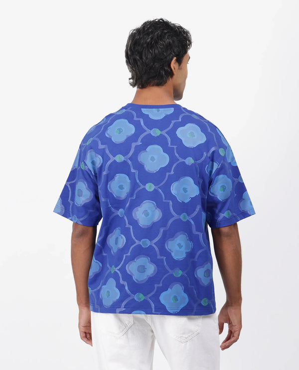 Rare Rabbit Men Evino Flouroscent Blue Cotton Fabric Short Sleeve Slip-On Oversized Fit Graphic Print T-Shirt