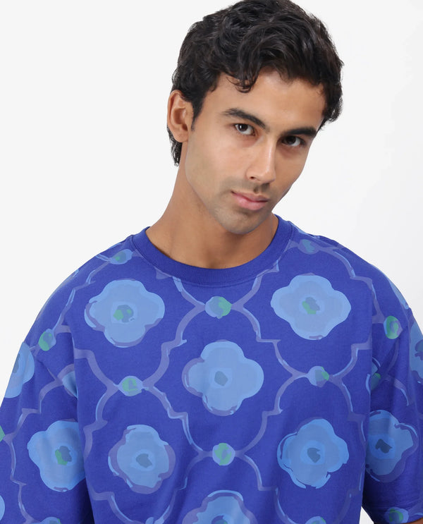 Rare Rabbit Men Evino Flouroscent Blue Cotton Fabric Short Sleeve Slip-On Oversized Fit Graphic Print T-Shirt