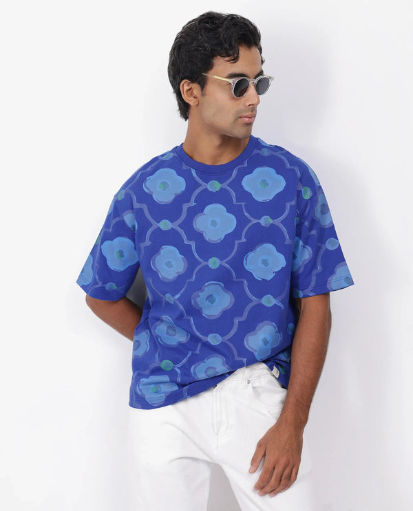 Rare Rabbit Men Evino Flouroscent Blue Cotton Fabric Short Sleeve Slip-On Oversized Fit Graphic Print T-Shirt