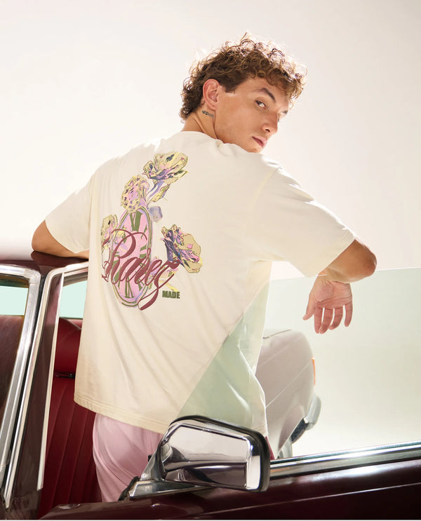 Rare Rabbit Men Fluen Off White Cotton Fabric Short Sleeve Oversized Fit Printed T-Shirt