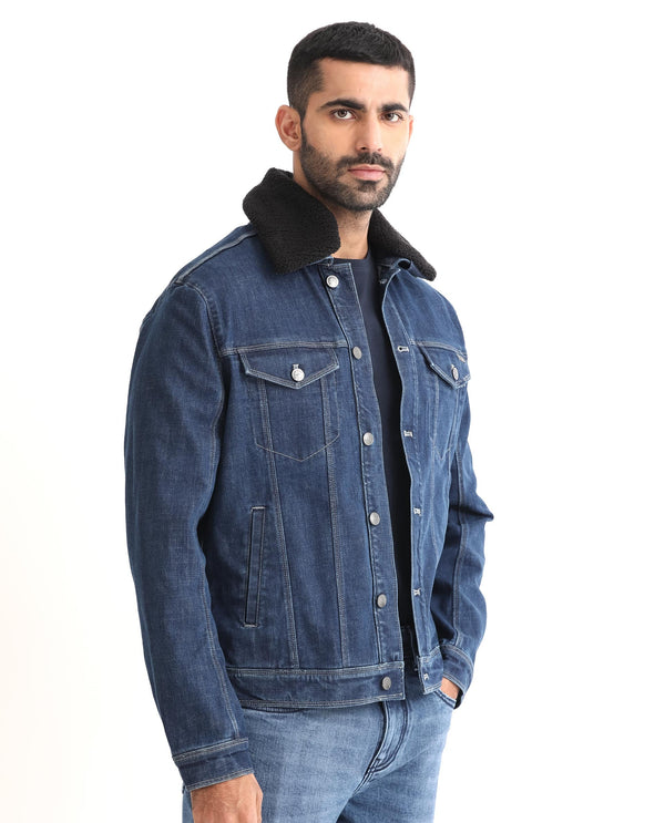Rare Rabbit Men's Rubik Dark Blue Fleece Collar Dark Wash Denim Trucker