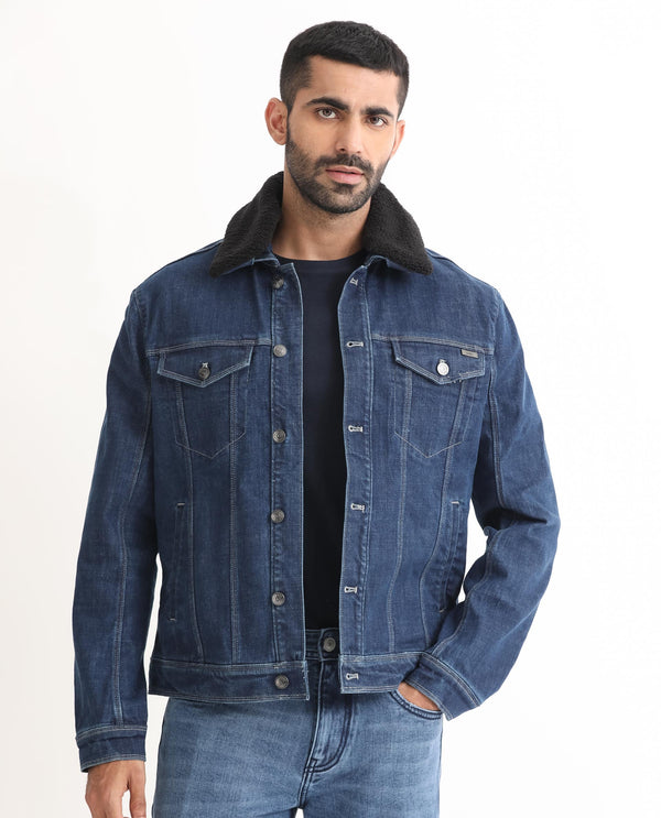 Rare Rabbit Men's Rubik Dark Blue Fleece Collar Dark Wash Denim Trucker