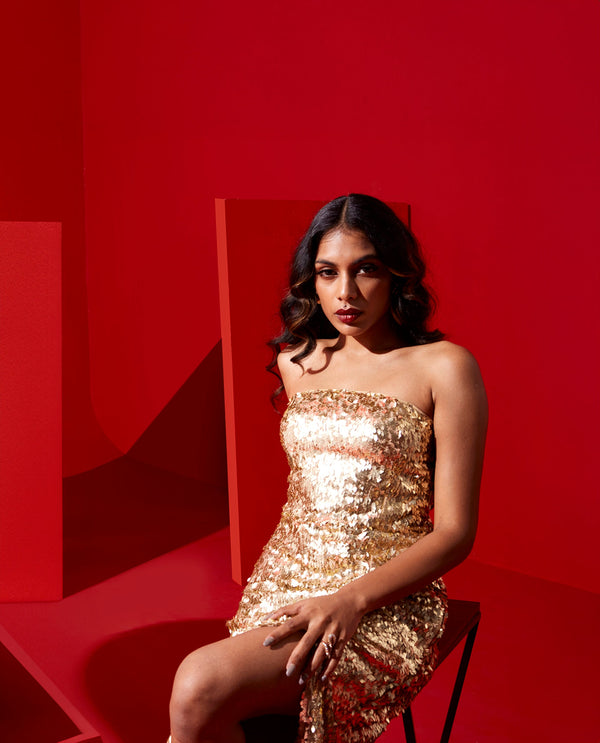 Rareism Women Ganvi Metallic Gold Polyester Fabric Sleeveless Tube Neck Zipper Closure Fitted Midi Sequin Dress