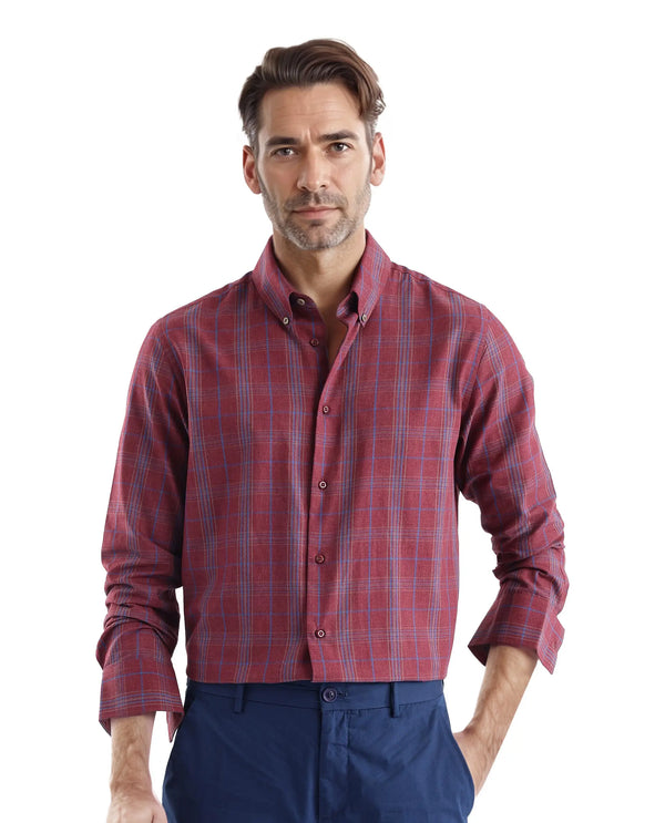 Rare Rabbit Men's Rudo Dark Red Cotton Fabric Full Sleeve Collared Neck Checks Shirt