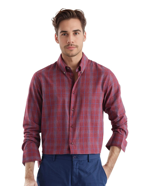 Rare Rabbit Men's Rudo Dark Red Cotton Fabric Full Sleeve Regular Fit Checks Shirt