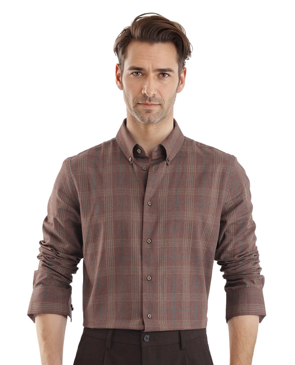 Rare Rabbit Men's Rudo Brown Cotton Fabric Full Sleeve Collared Neck Checks Shirt