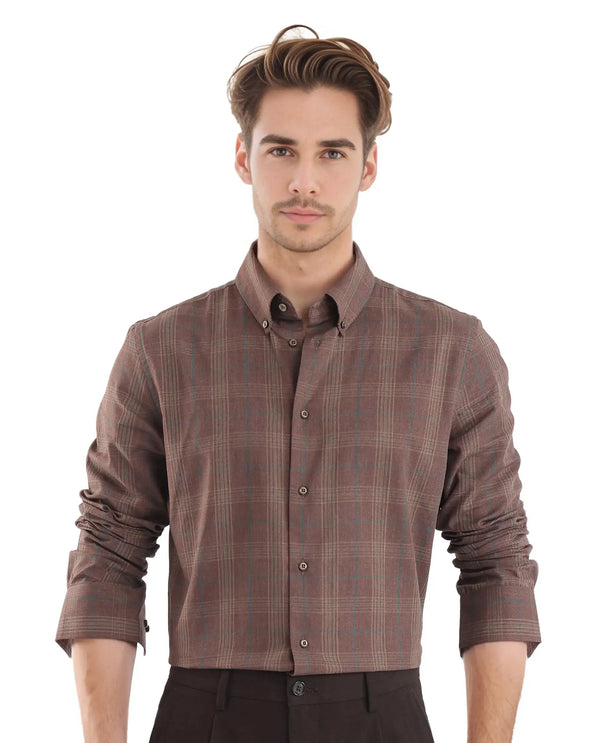 Rare Rabbit Men's Rudo Brown Cotton Fabric Full Sleeve Regular Fit Checks Shirt