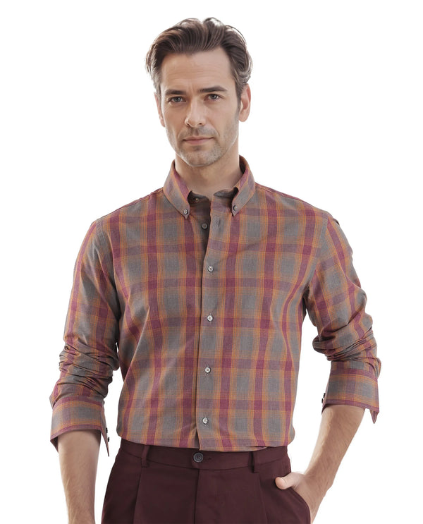 Rare Rabbit Men's Rudo Dark Grey Cotton Fabric Full Sleeve Collared Neck Checks Shirt