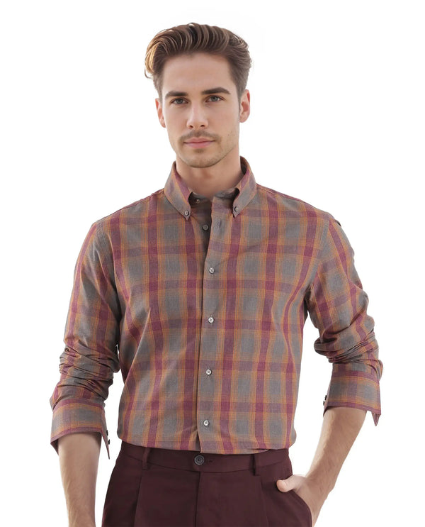 Rare Rabbit Men's Rudo Dark Grey Cotton Fabric Full Sleeve Regular Fit Checks Shirt