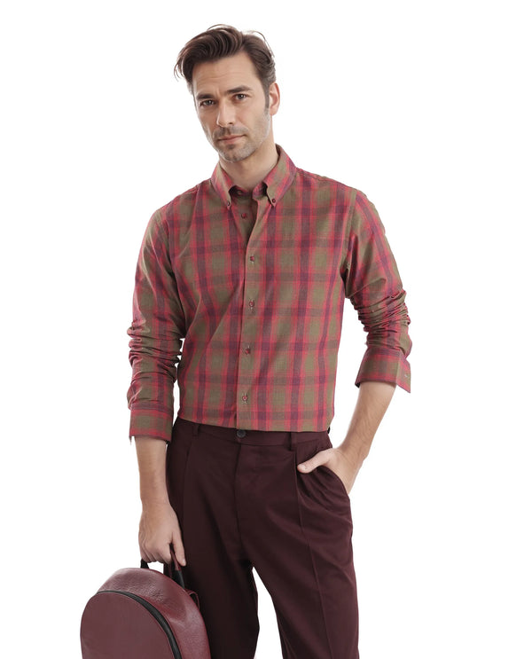 Rare Rabbit Men's Rudo Red Cotton Fabric Full Sleeve Collared Neck Checks Shirt