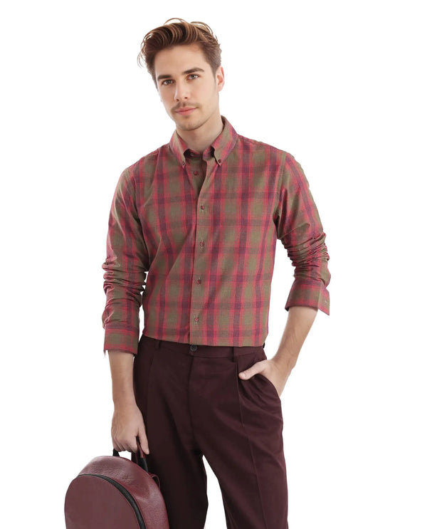 Rare Rabbit Men's Rudo Red Cotton Fabric Full Sleeve Regular Fit Checks Shirt