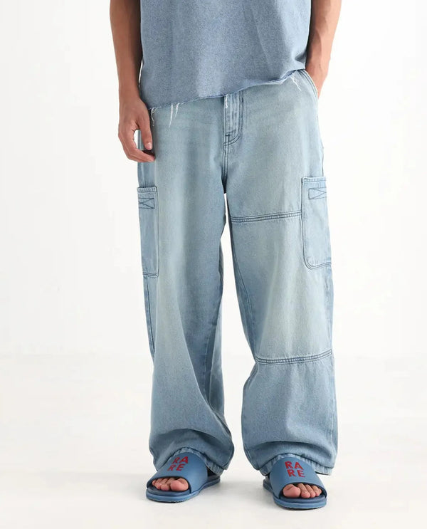 Rare Rabbit Men's Ruei Light Blue Cotton Fabric Baggy Fit Plain Jeans