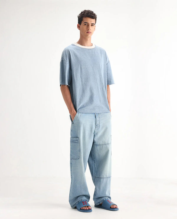 Rare Rabbit Men's Ruei Light Blue Cotton Fabric Baggy Fit Plain Jeans