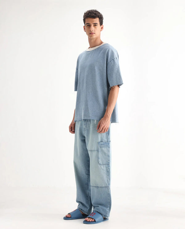 Rare Rabbit Men's Ruei Light Blue Cotton Fabric Baggy Fit Plain Jeans