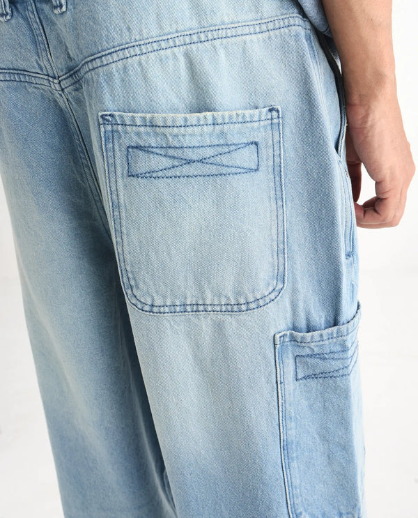 Rare Rabbit Men's Ruei Light Blue Cotton Fabric Baggy Fit Plain Jeans