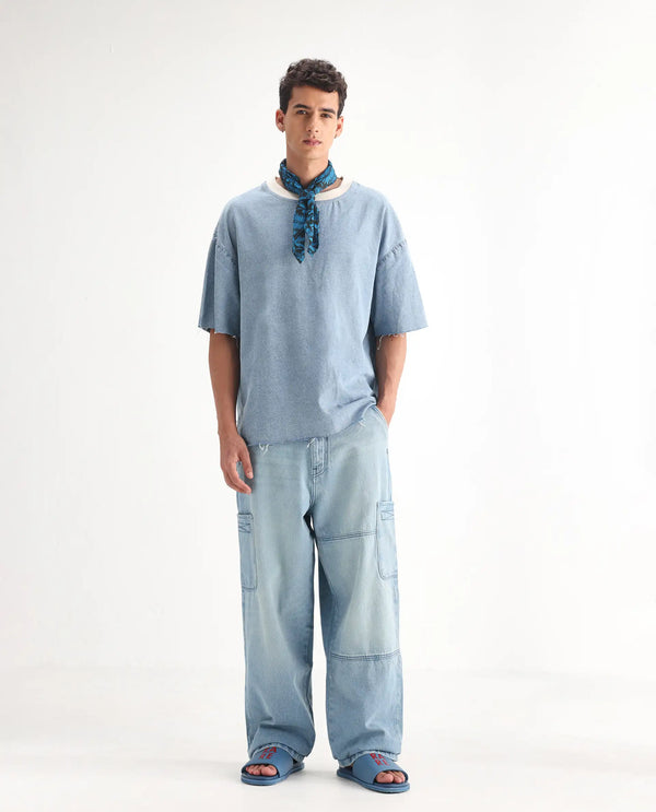 Rare Rabbit Men's Ruei Light Blue Cotton Fabric Baggy Fit Plain Jeans