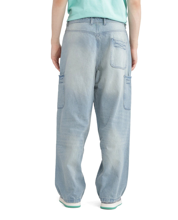 Rare Rabbit Men's Ruei Light Blue Cotton Fabric Baggy Fit Plain Jeans