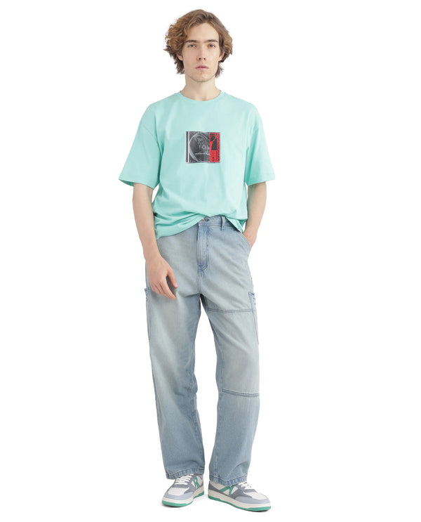 Rare Rabbit Men's Ruei Light Blue Cotton Fabric Baggy Fit Plain Jeans